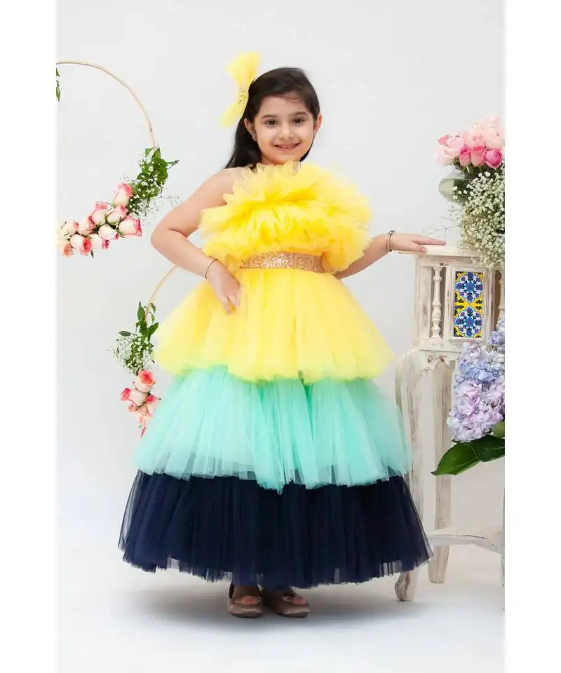 Dark blue velvet dress with 3d flowers