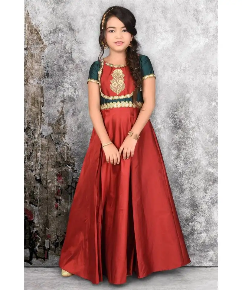 Maroon embroidered taffeta stitched kids frocks