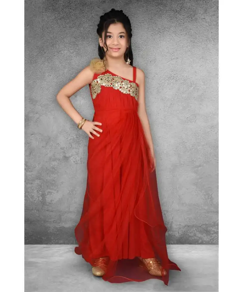 Red embroidered net stitched kids frocks