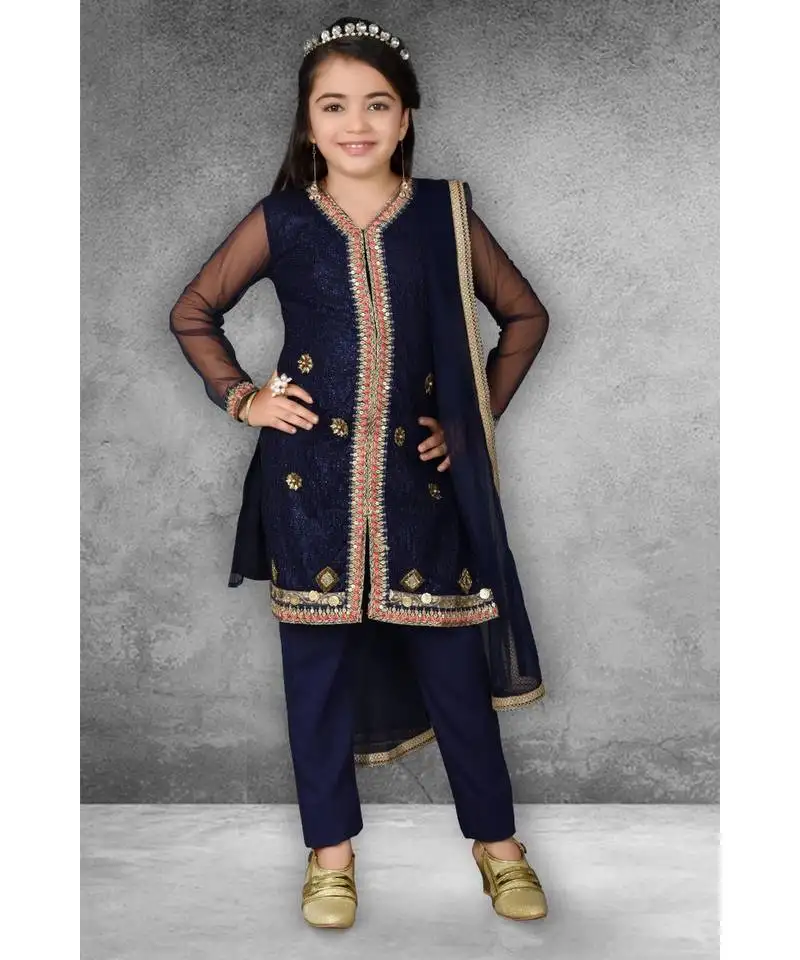 Blue embroidered net stitched kids salwar suits