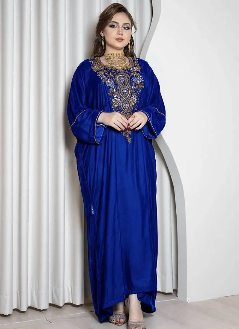 Royal blue velvet kaftan with zari golden embroidery work dresses
