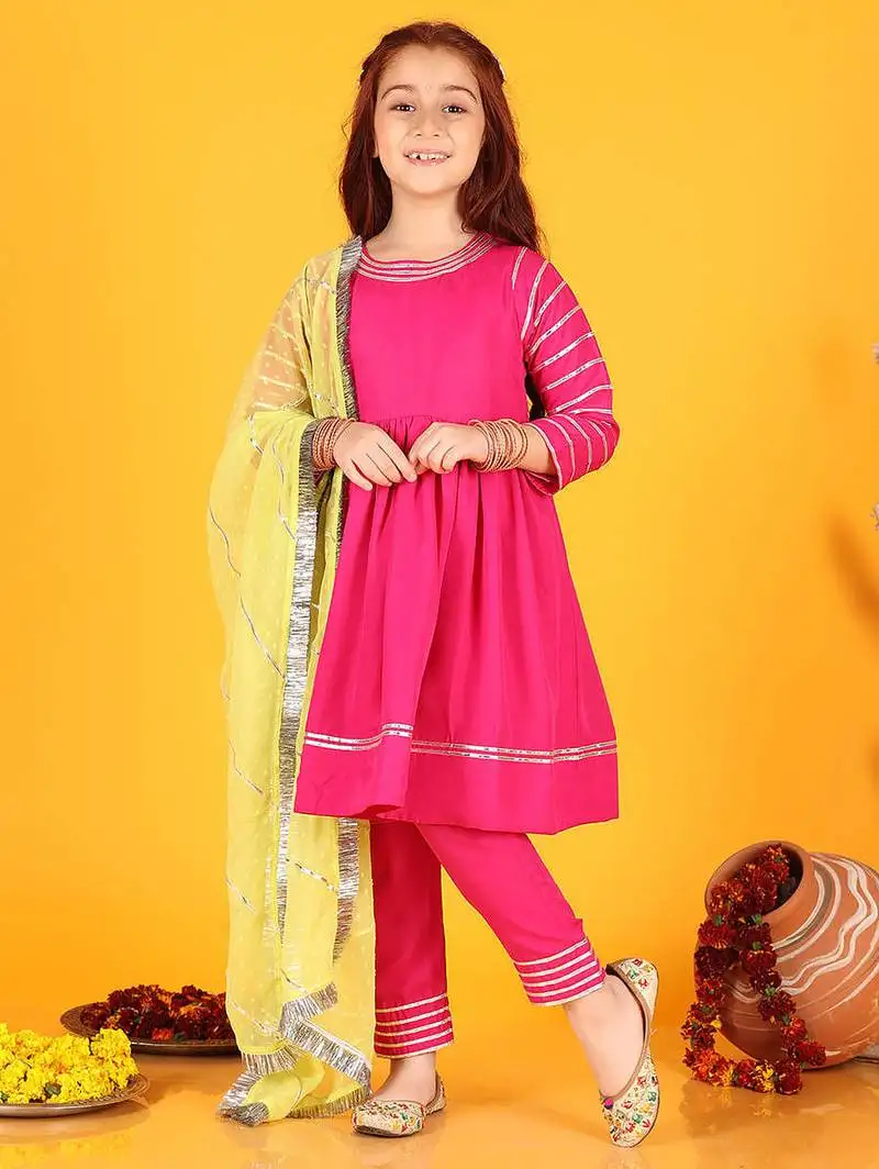 Festive cotton anarkali suit set with gota work - round neck, full sleeves