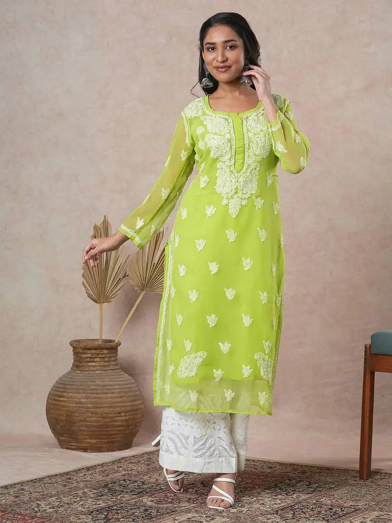 Hand embroidered green georgette lucknowi chikan women kurta with slip