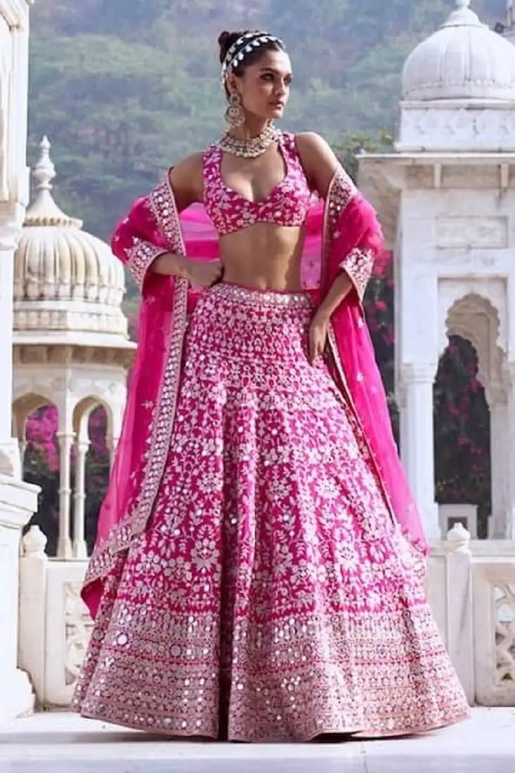 Rani pink thread zari sequins foil mirror work georgette lehenga choli