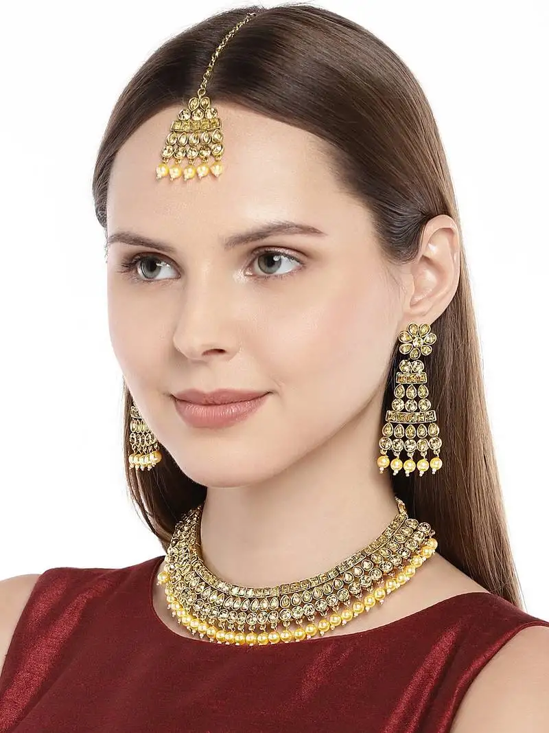 Traditional handcrafted stone studded & pearl necklace set with earrings & maang tikka for women