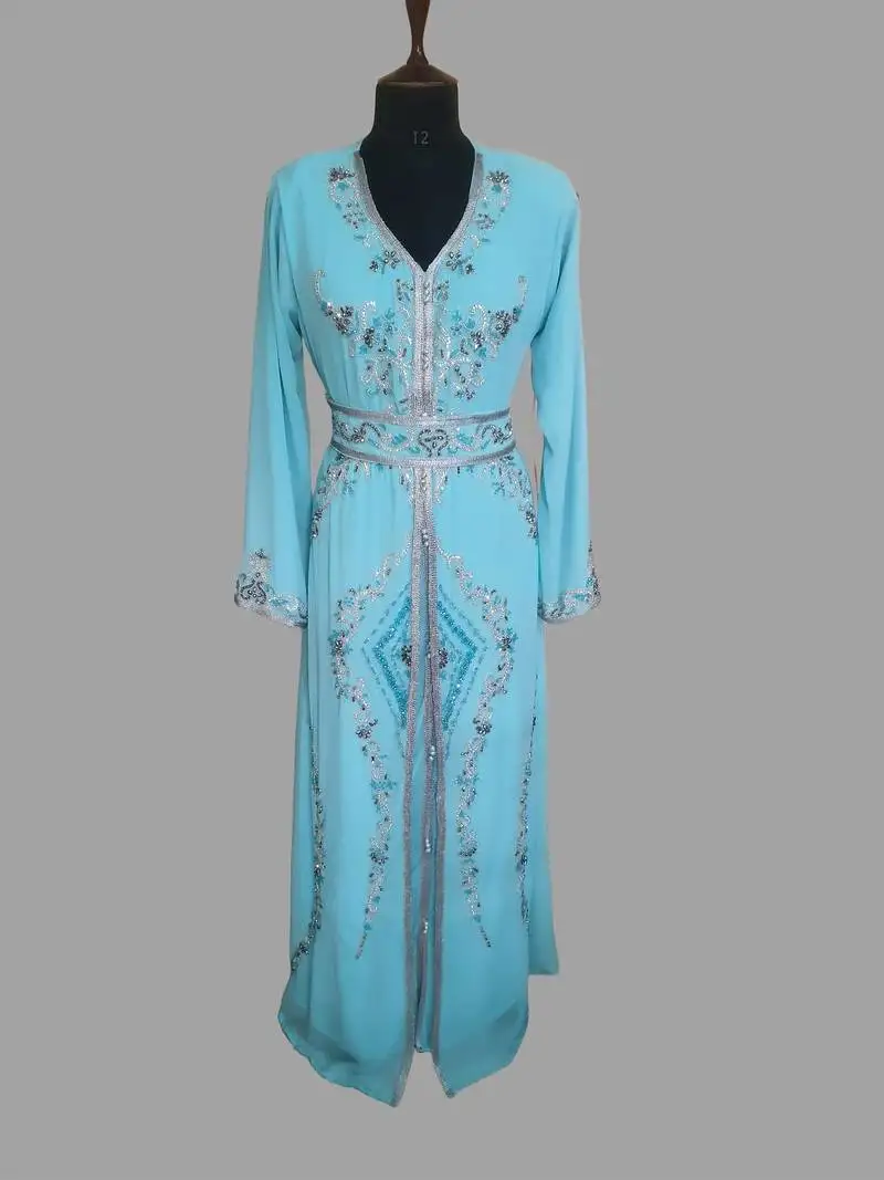Turquoise blue color luxurious handmade moroccan kaftan with hijjab