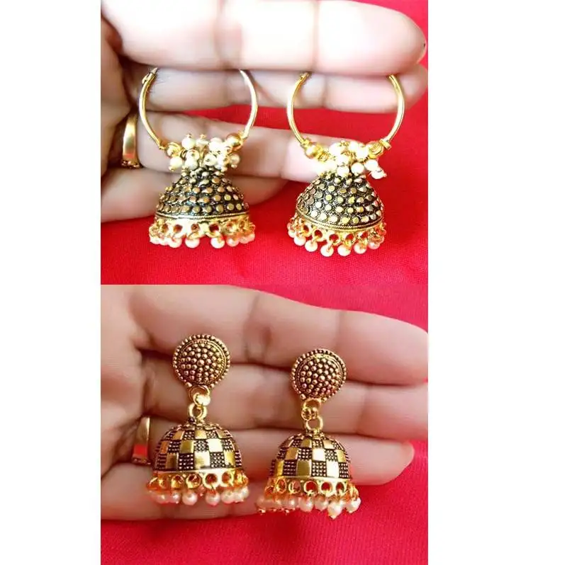 2pair of oxidized gold plated alloy metal jhumki :: bali earrings for women & girls
