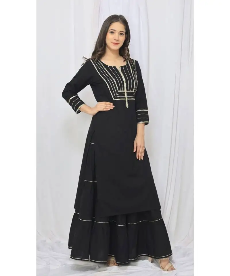 Black solid color with gota embellished pure cotton kurti dupatta skirt set for women