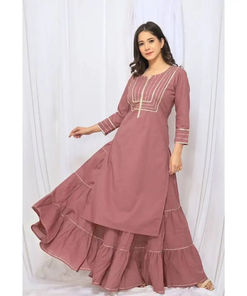 Levendar solid color with gota embellished pure cotton kurti dupatta skirt set for women