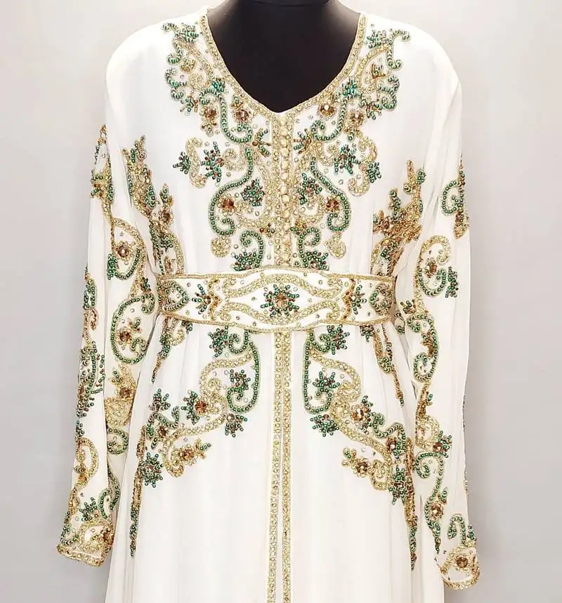 Off white luxurious moroccan kaftan with gold and contrast work with sun-proof hijab.