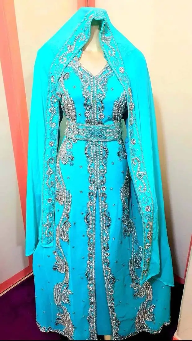 Blue::Firozi zari stone work georgette islamic style beads embedded partywear kaftan long gown evening wear dubai kaftan