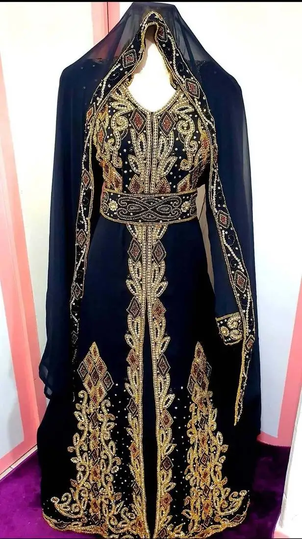 Navy blue zari stone work georgette islamic style beads embedded partywear kaftan long gown evening wear dubai kaftan