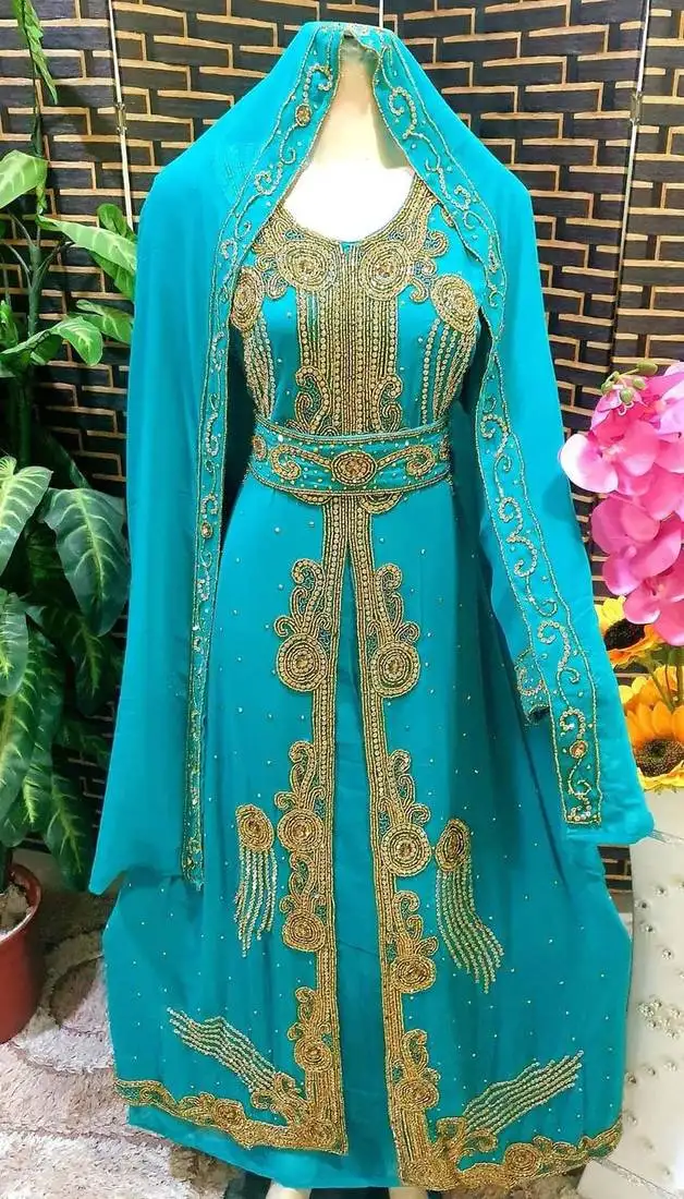 Aqua blue georgette hand embroidered kaftan
