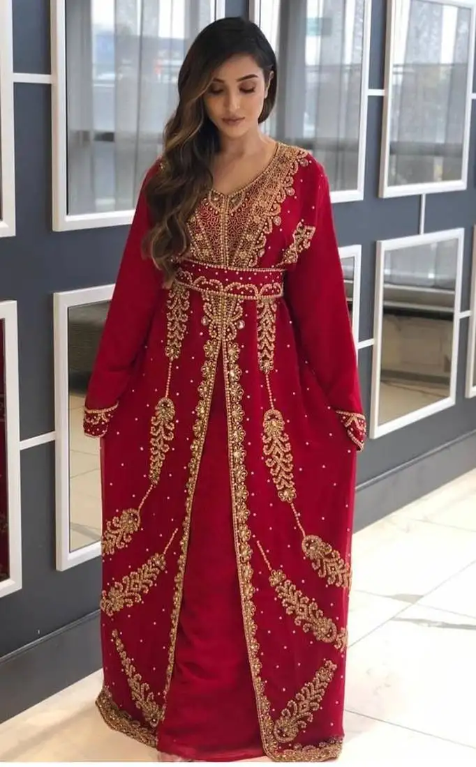 Maroon zari stone work georgette islamic style beads embedded partywear kaftan long gown evening wear dubai kaftan