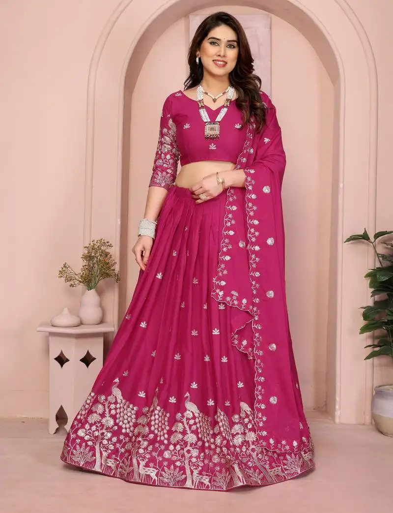 Catching rani-pink sequins embroidery work star georgette indian designer wedding lehenga choli dress