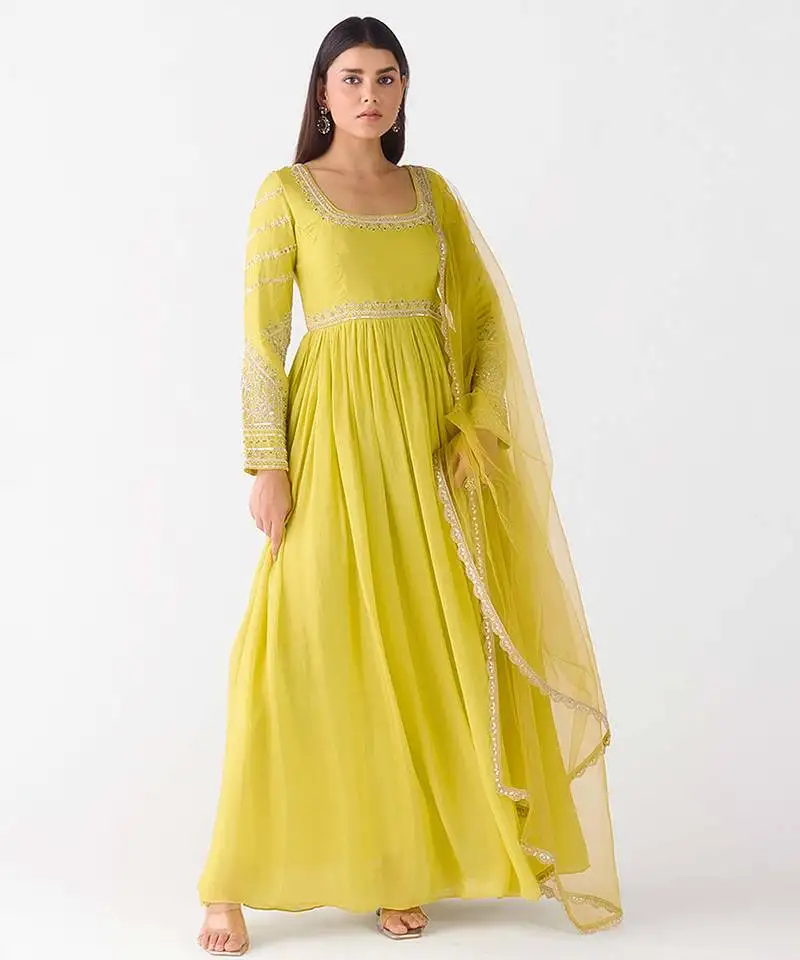 Lime embroidered raw silk anarkali