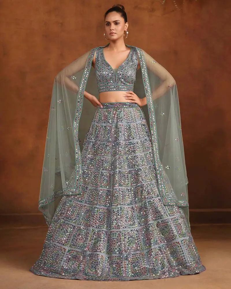 Dusty dark blue net satin bridal lehenga with mirror & stone work blouse