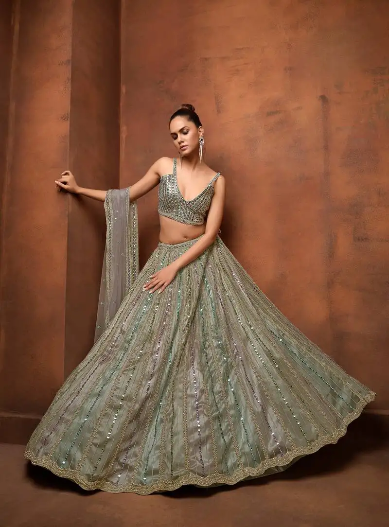 Gray & multi net satin wedding lehenga with heavy embroidery blouse