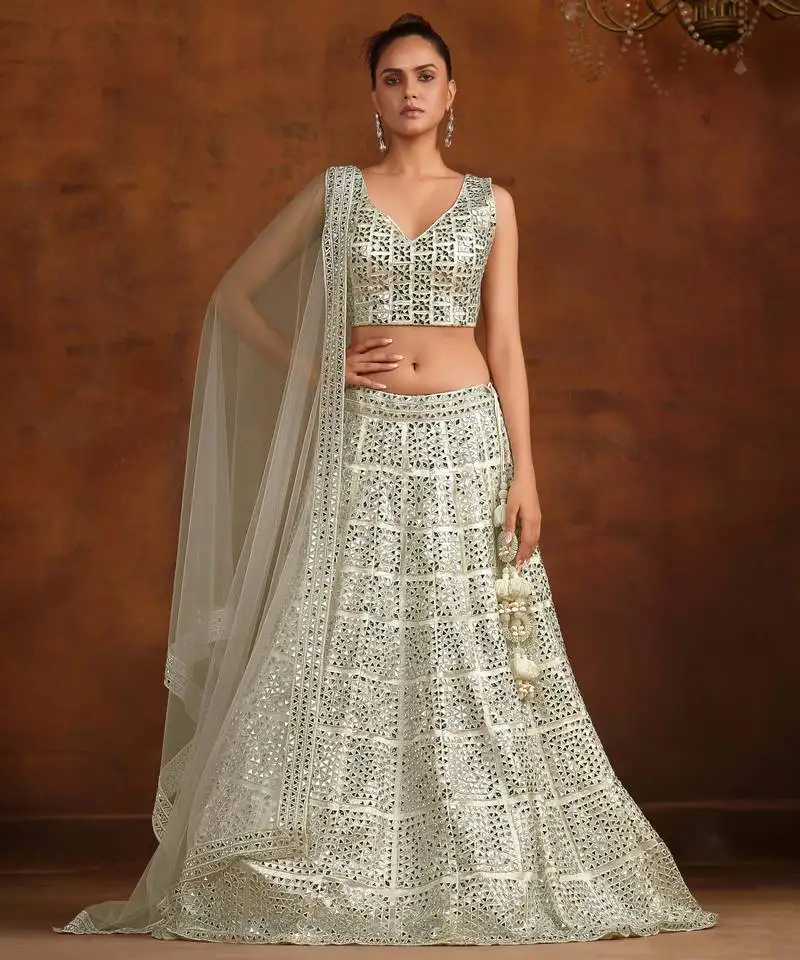 White net satin bridal lehenga with mirror & stone work blouse