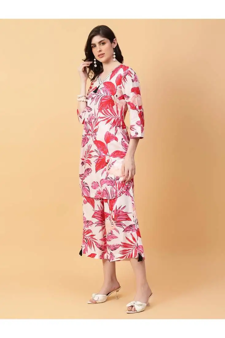 Red cotton printed & hand work co-ord set