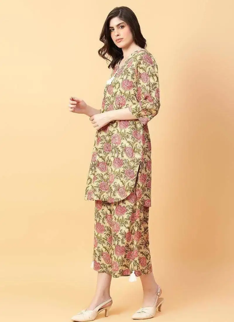 Beige cotton printed & hand work co-ord set