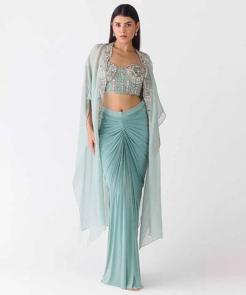 Blue embroidered viscose cape set