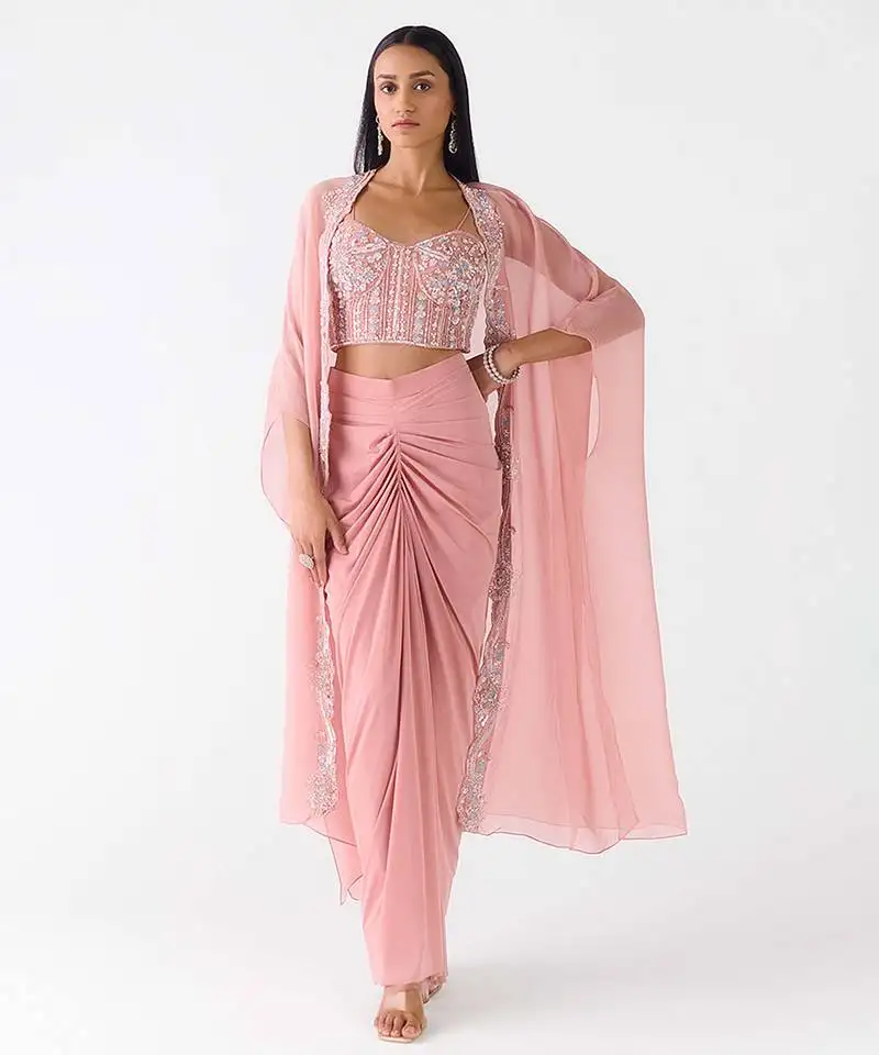 Baby-pink embroidered viscose cape set