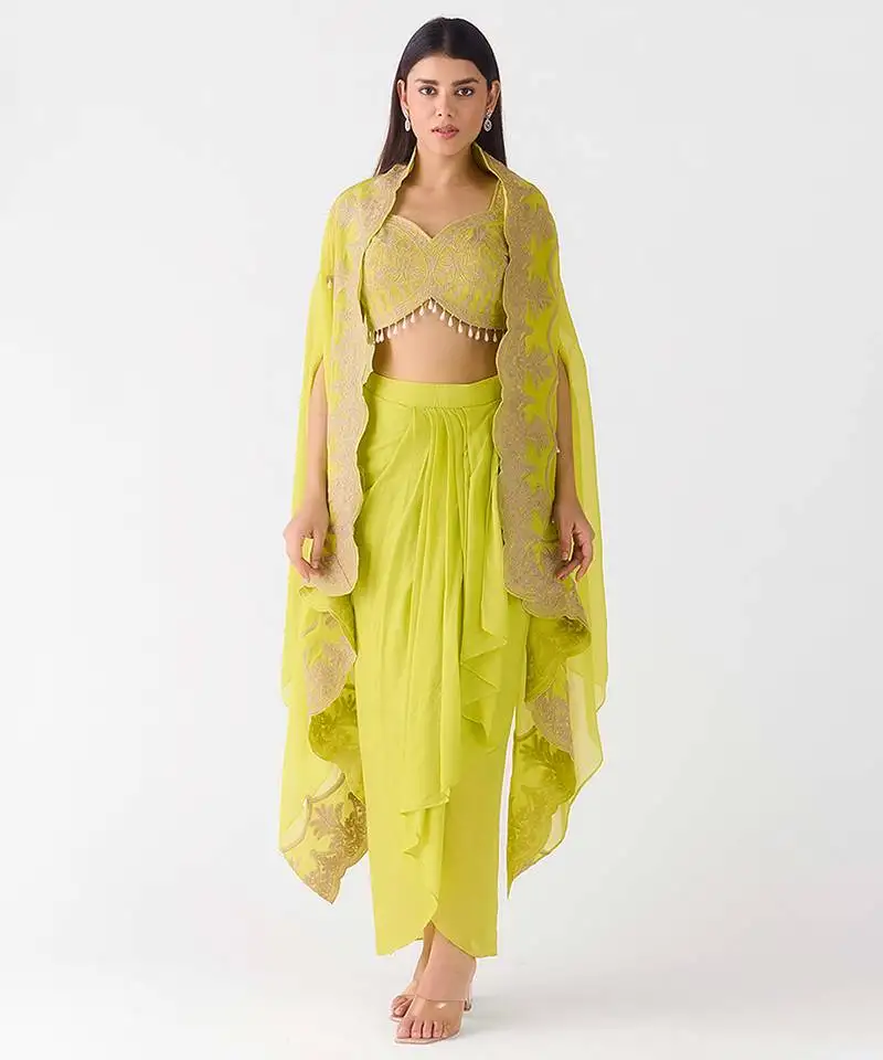 Lime embroidered chiffon cape set