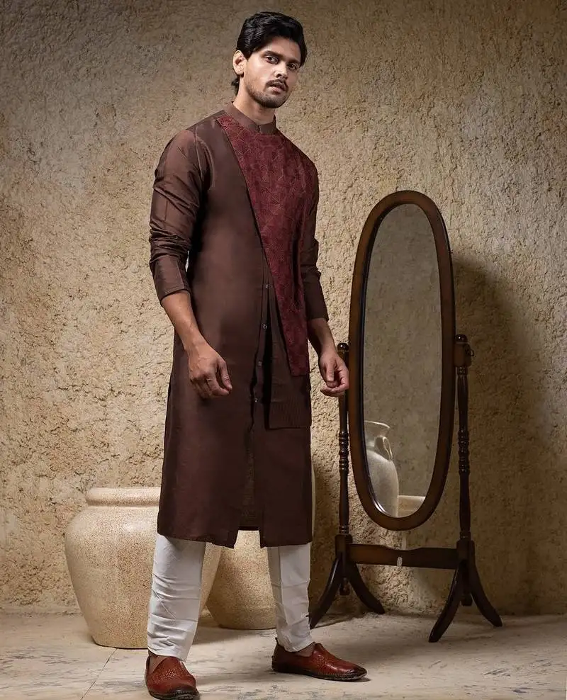 Brown embroidered cotton silk kurta pajama
