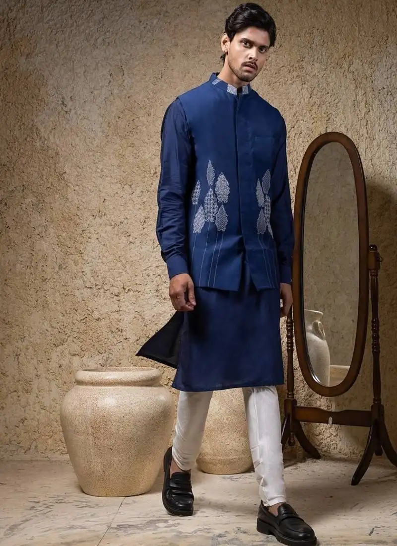Blue embroidered cotton silk nehru jacket set