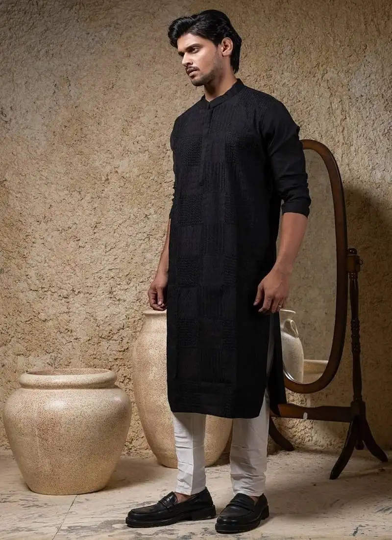 Black embroidered cotton silk kurta pajama