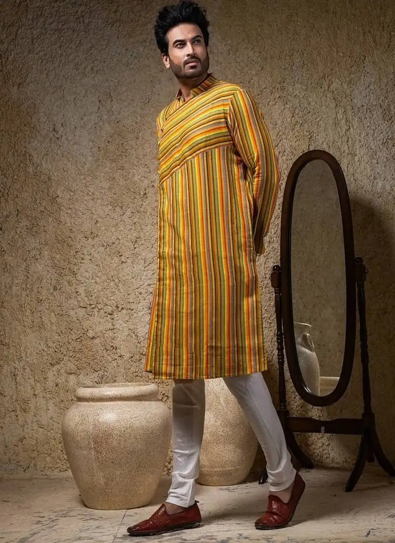 Yellow printed linen kurta pajama