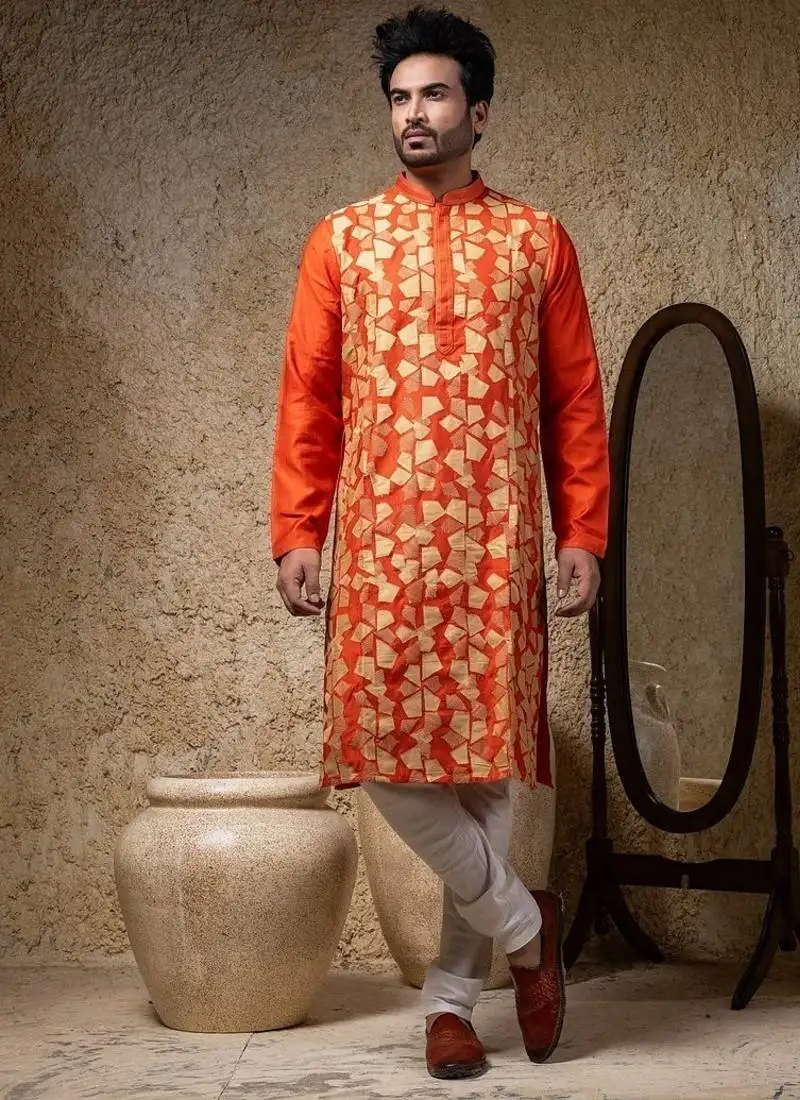 Orange printed cotton silk kurta pajama