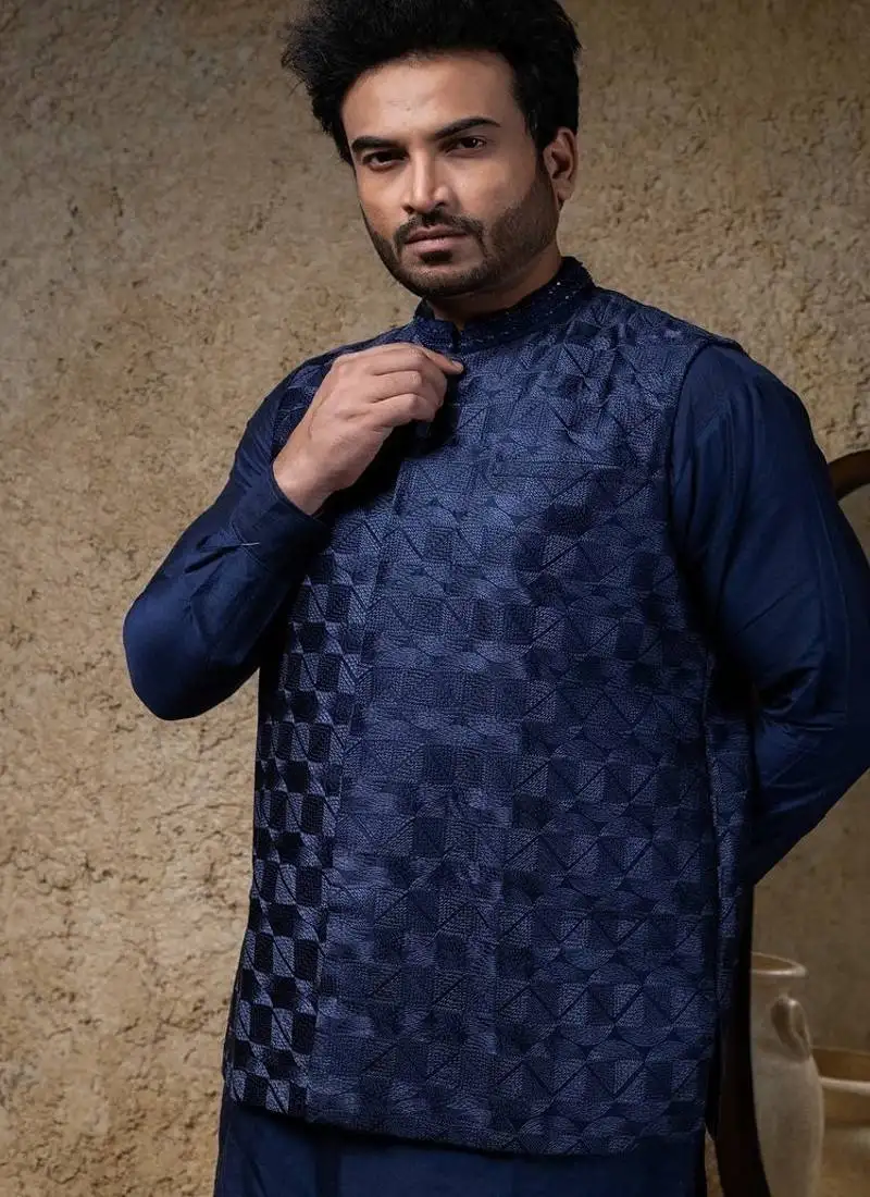 Blue embroidered cotton silk nehru jacket