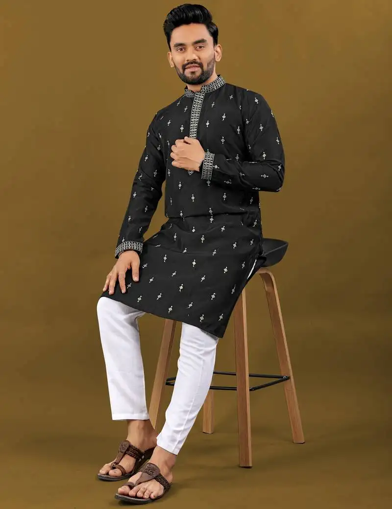 Silver jari with embroidery buti designer soft cotton kurta pyjama for men's