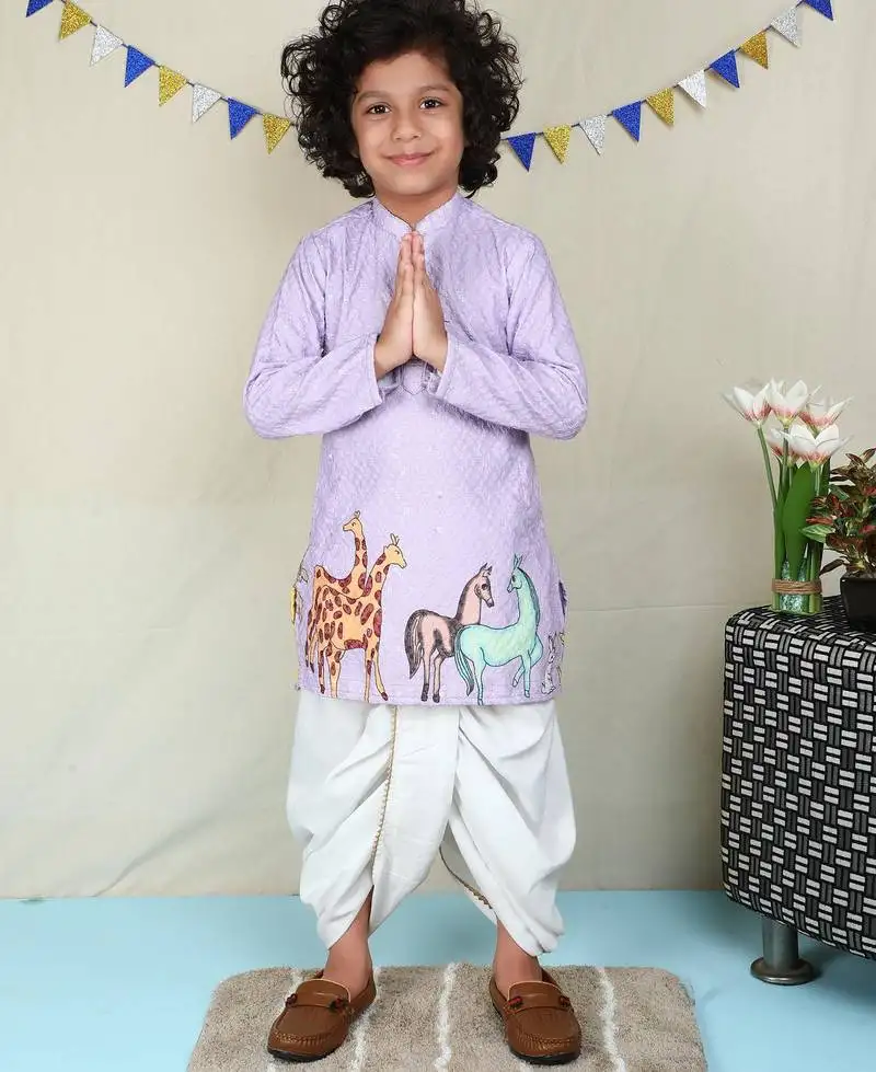 Lavender cotton woven dhoti kurta for boys