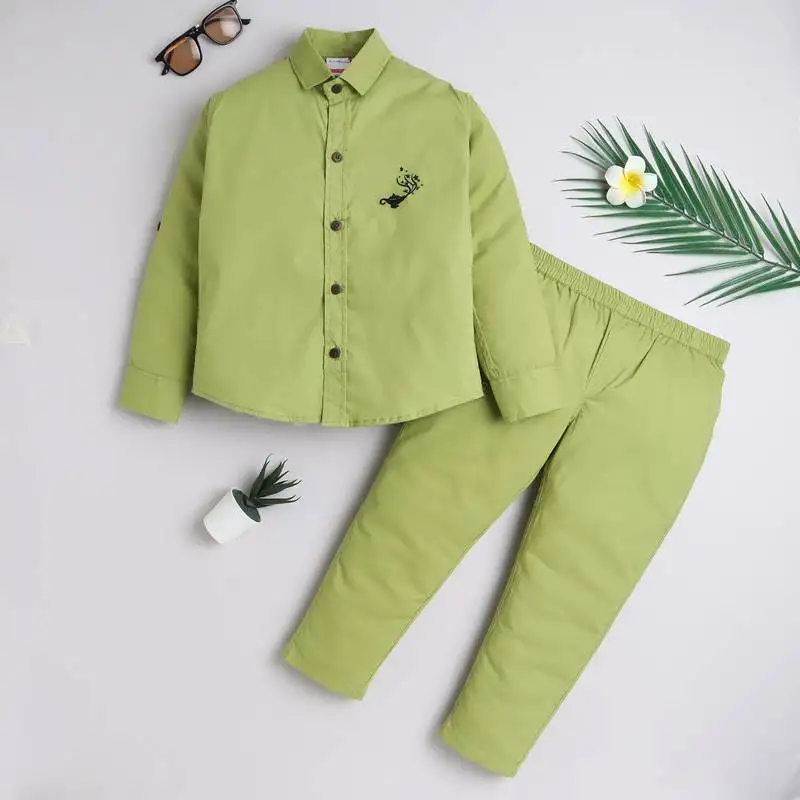 Green cotton woven shirt and pant set for boys