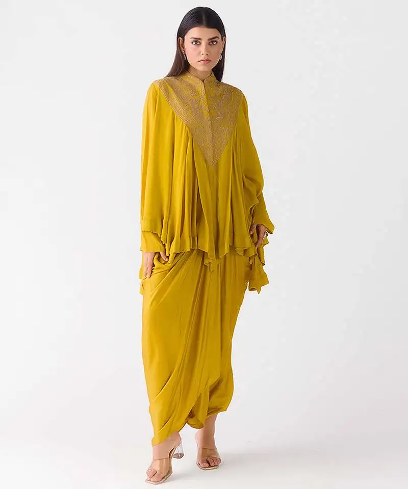 Mustard embroidered chiffon co ord set