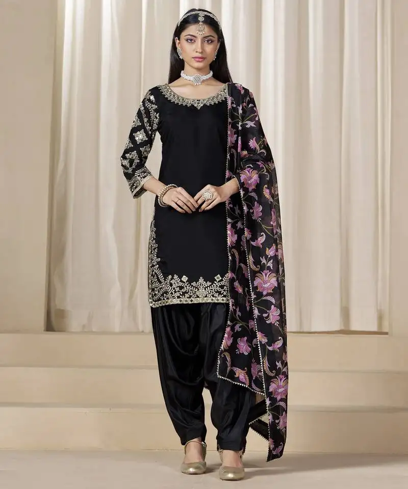 Black glass work roman silk unstitched straight cut santool suit set semi stitched