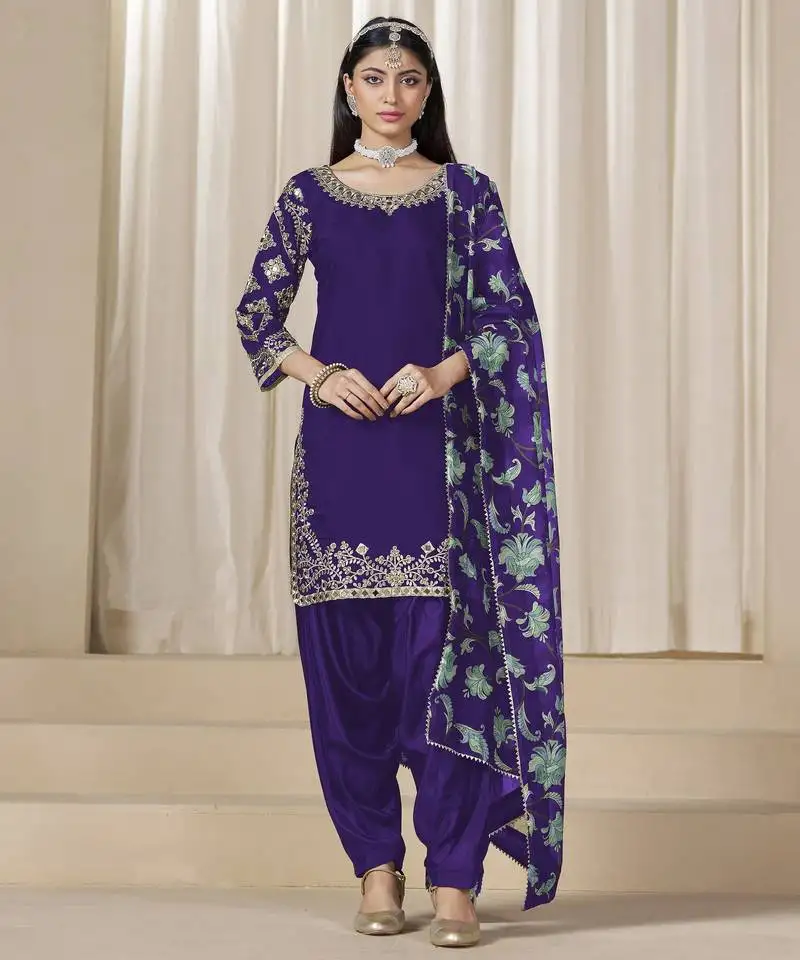 Purple glass work roman silk unstitched straight cut santool suit set semi stitched