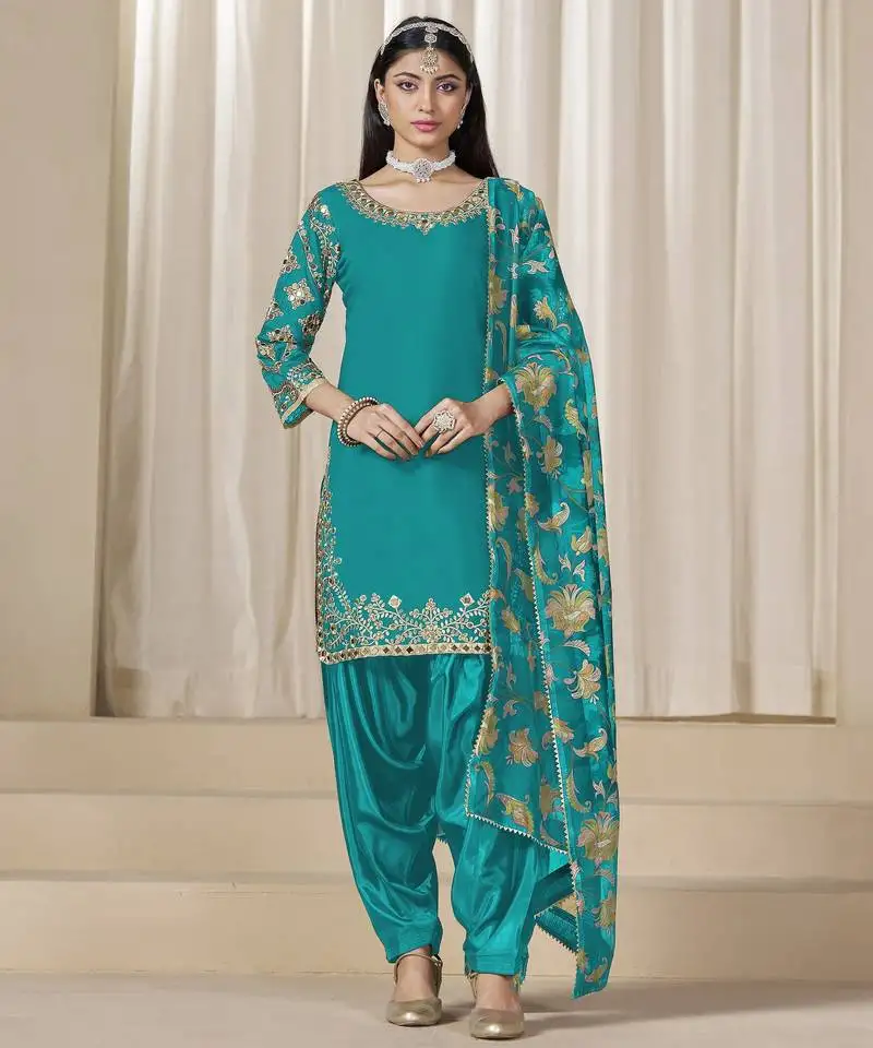 Teal blue glass work roman silk unstitched straight cut santool suit set semi stitched