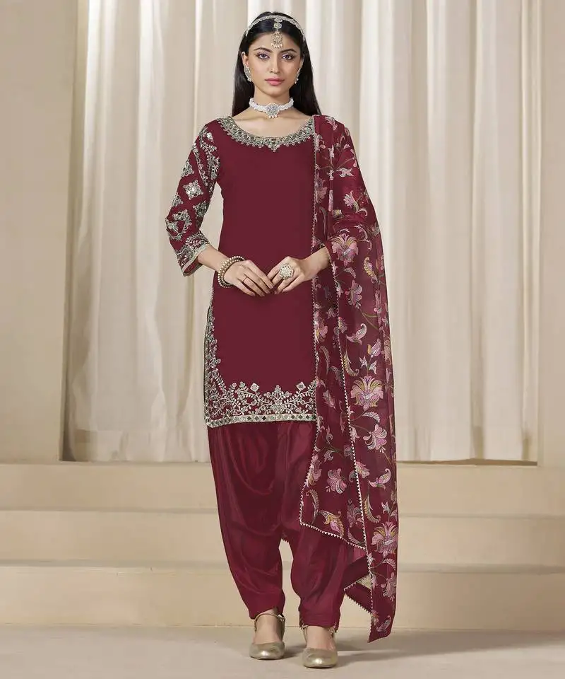 Maroon glass work roman silk unstitched straight cut santool suit set semi stitched