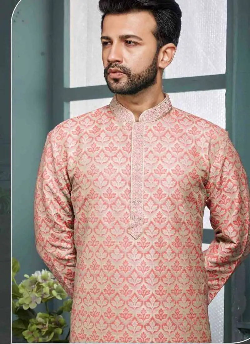 Men's poly jacquard peach kurta pajama