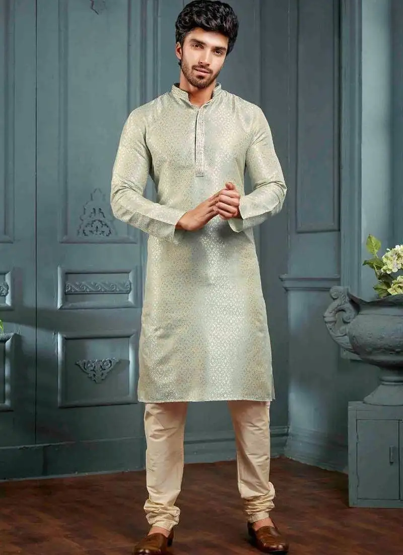 Men's poly jacquard grey kurta pajama