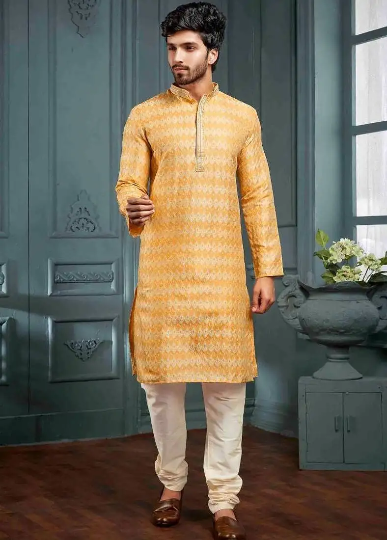 Men's poly jacquard yellow kurta pajama