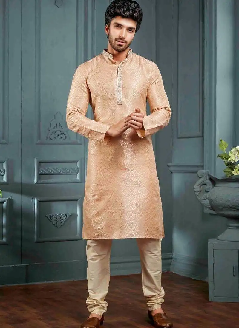 Men's poly jacquard light peach kurta pajama