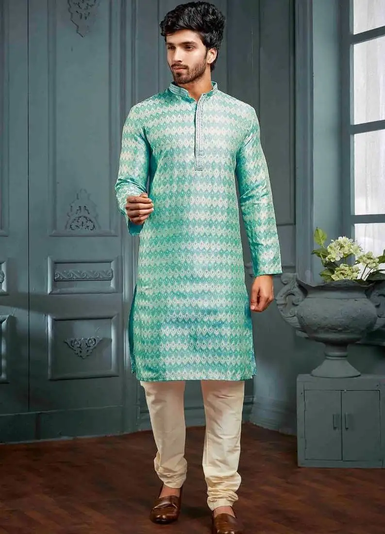Men's poly jacquard sky blue kurta pajama