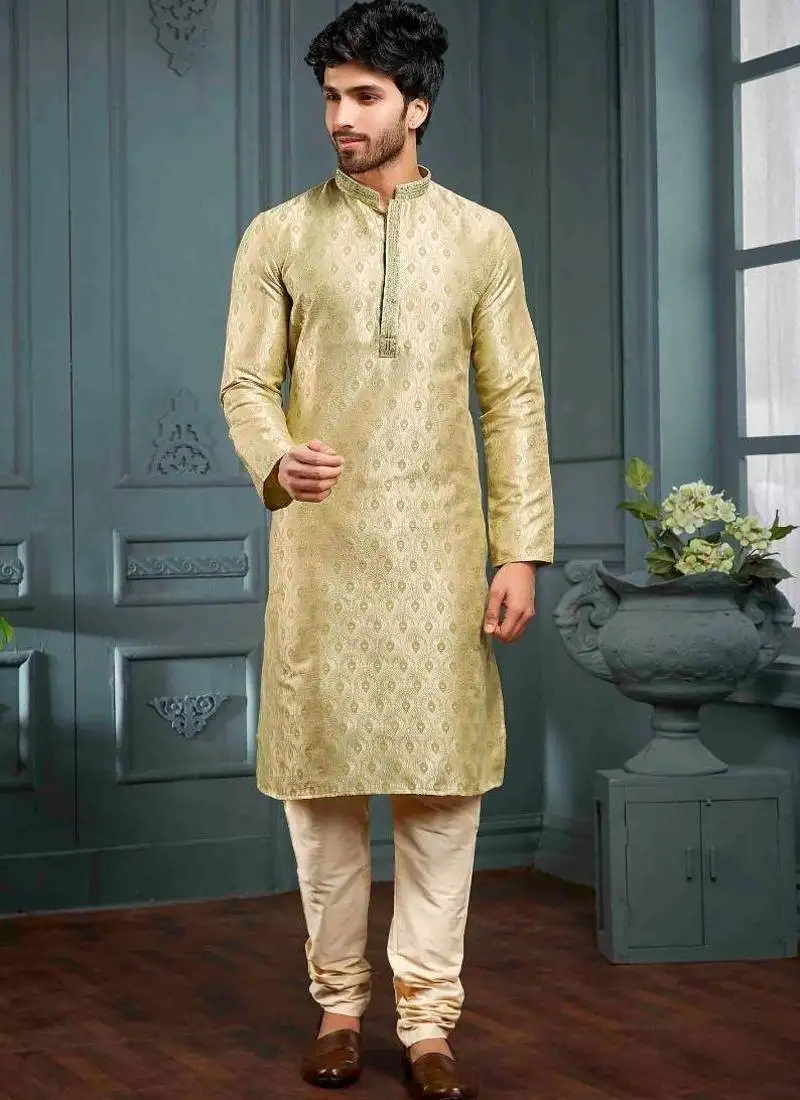 Men's poly jacquard golden & pista kurta pajama