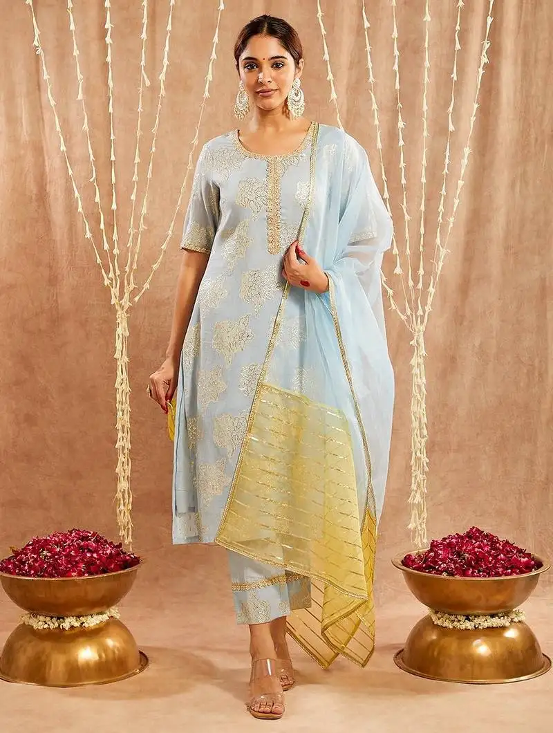Light blue embroidered cotton kurta set
