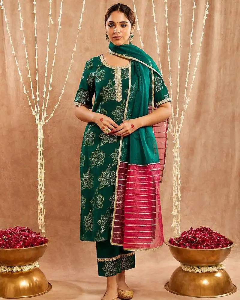 Dark green embroidered cotton kurta set